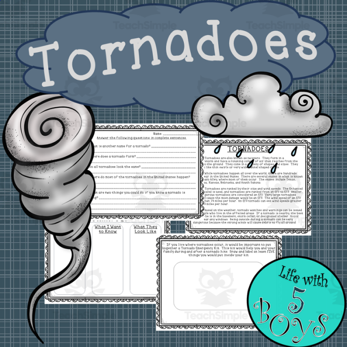 Fifth grade science worksheet with tornado fill-in-the-blank questions about measurement