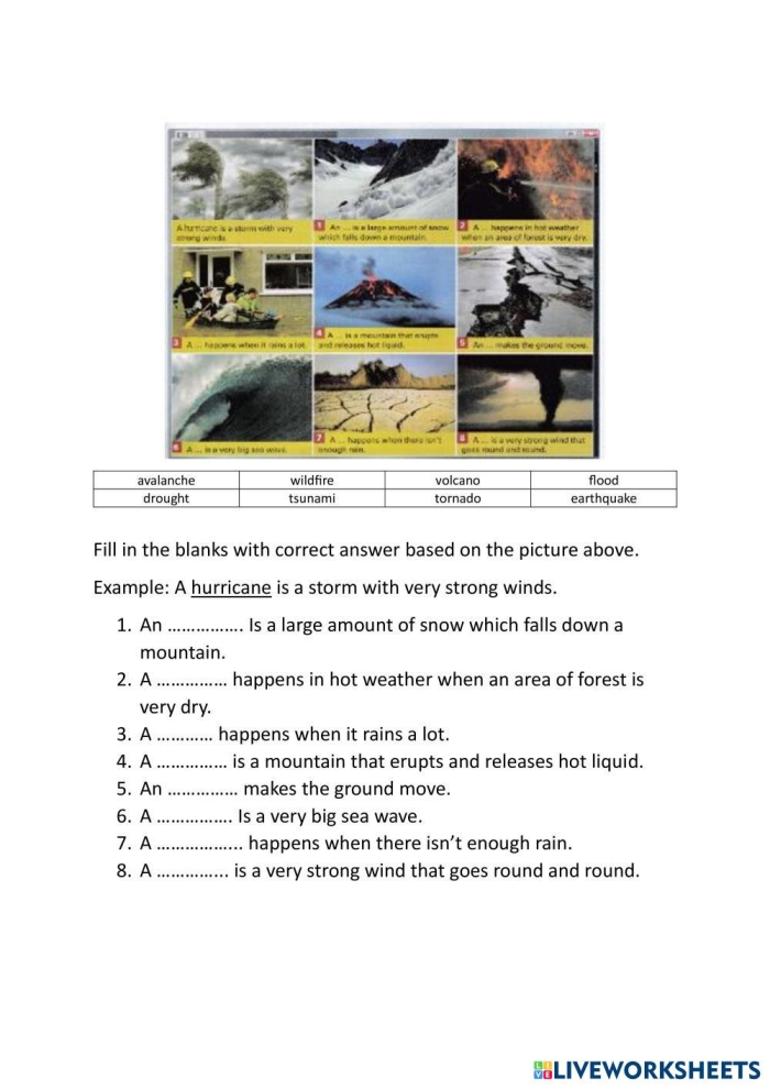 Fifth grade science worksheet featuring a tornado-themed fill-in-the-blank activity