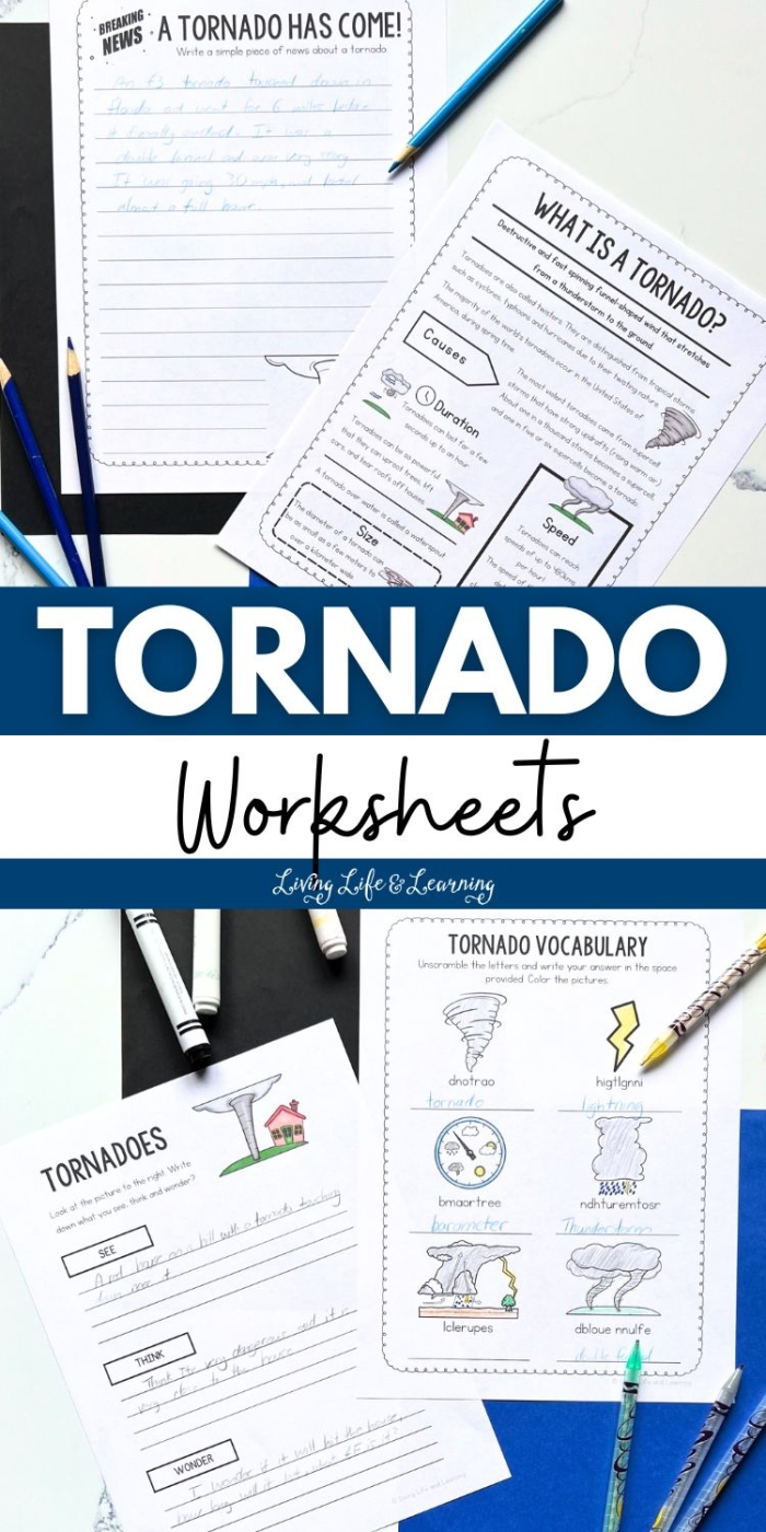 Fifth grade science worksheet featuring a tornado-themed fill-in-the-blank activity