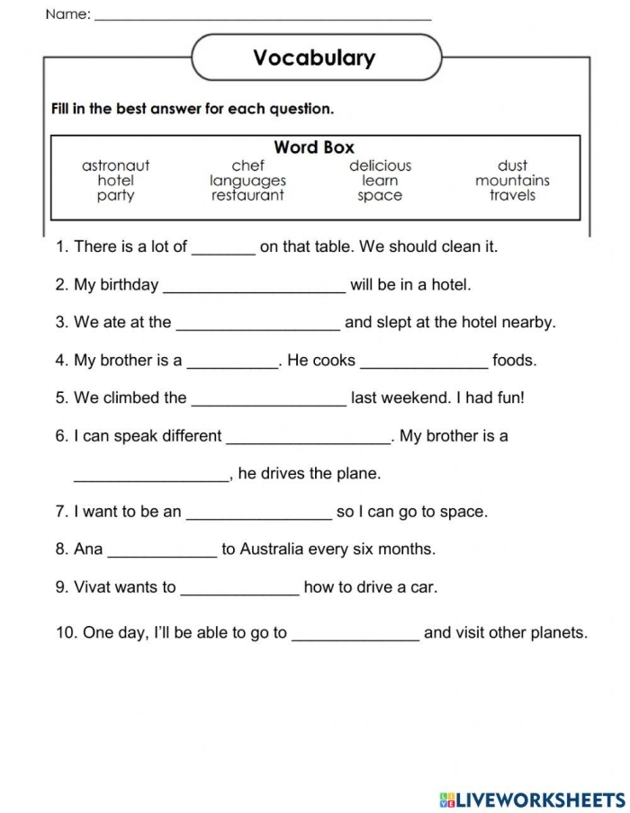 Fifth grade students completing a fill-in-the-blank worksheet to enhance vivid vocabulary skills