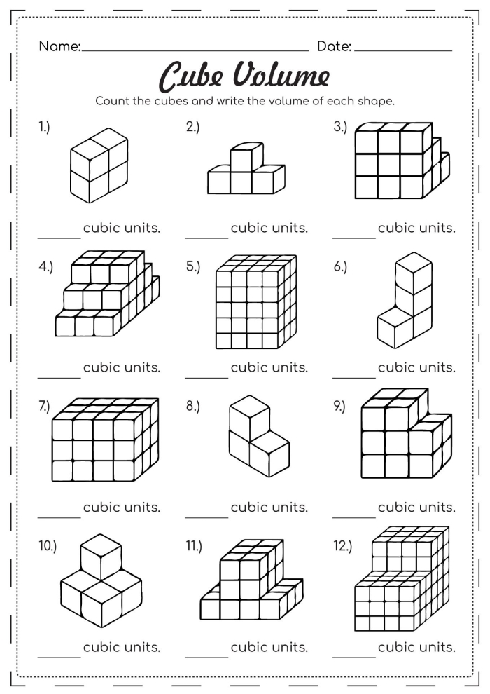 Worksheet image illustrating how to calculate the volume of various rectangular prisms using cubic units