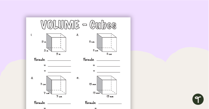 Worksheet featuring a hands-on activity for calculating volume using cubes and blocks