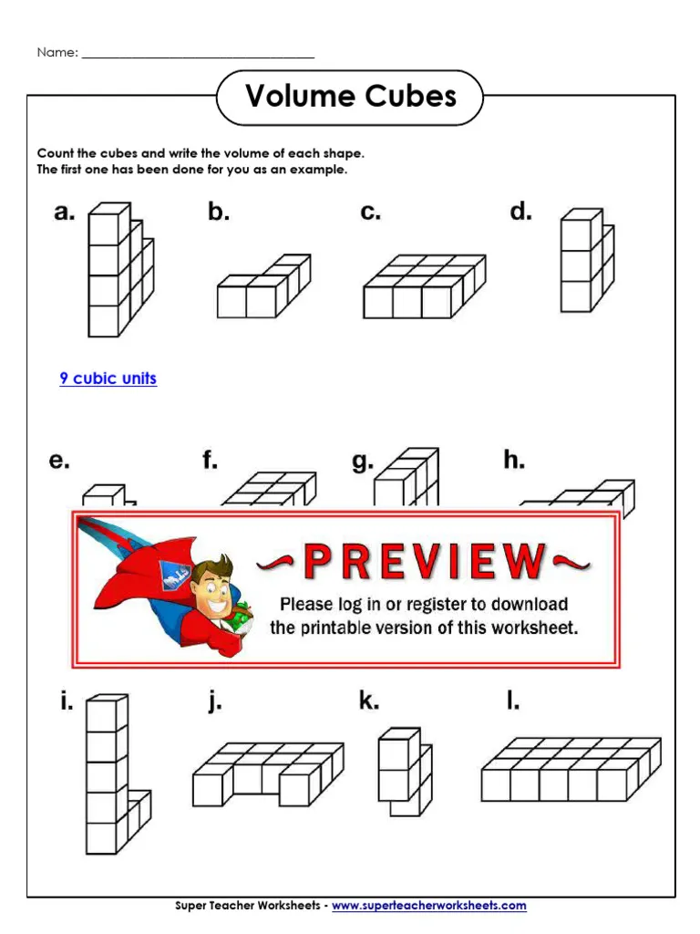 Worksheet for calculating the volume of rectangular prisms using cubic units