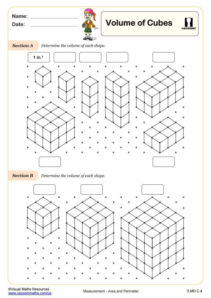 Worksheet showing various rectangular prisms for volume calculation in a fifth-grade geography class