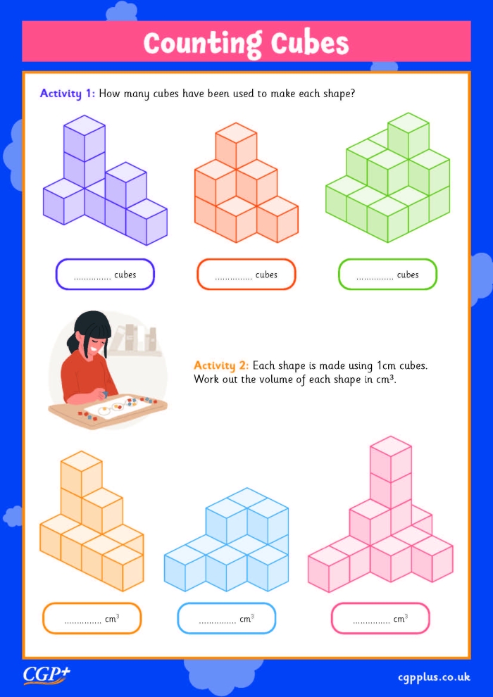 Worksheet showing a variety of rectangular prisms for calculating volume using cubic units