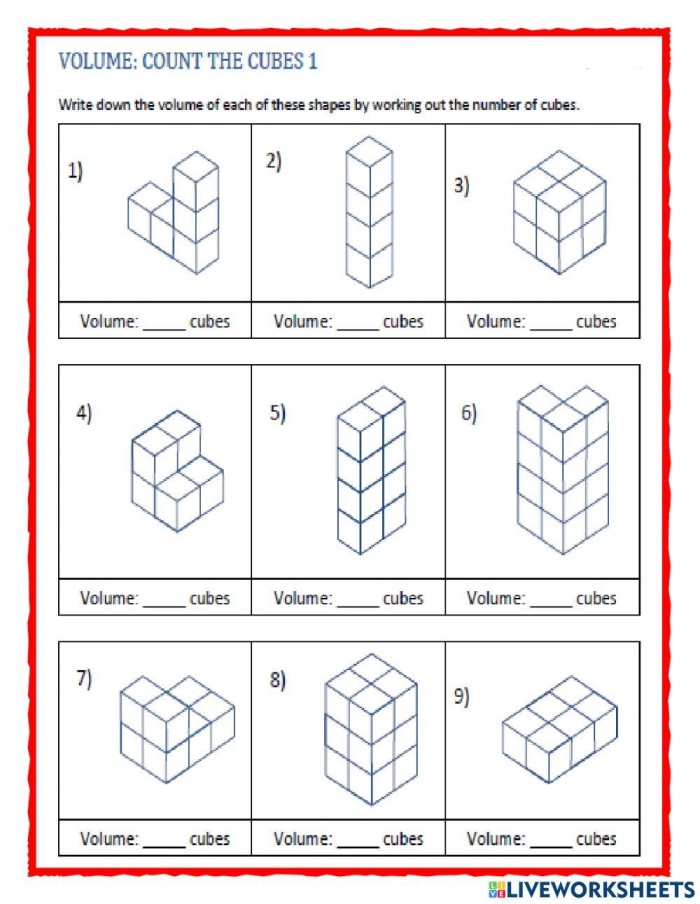 Worksheet image illustrating how to calculate the volume of rectangular prisms using cubic units. Volume calculation worksheet for fifth graders focusing on cubes and rectangular prisms.