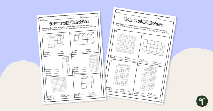 Worksheet image illustrating the concept of volume through counting cubic units in rectangular prisms