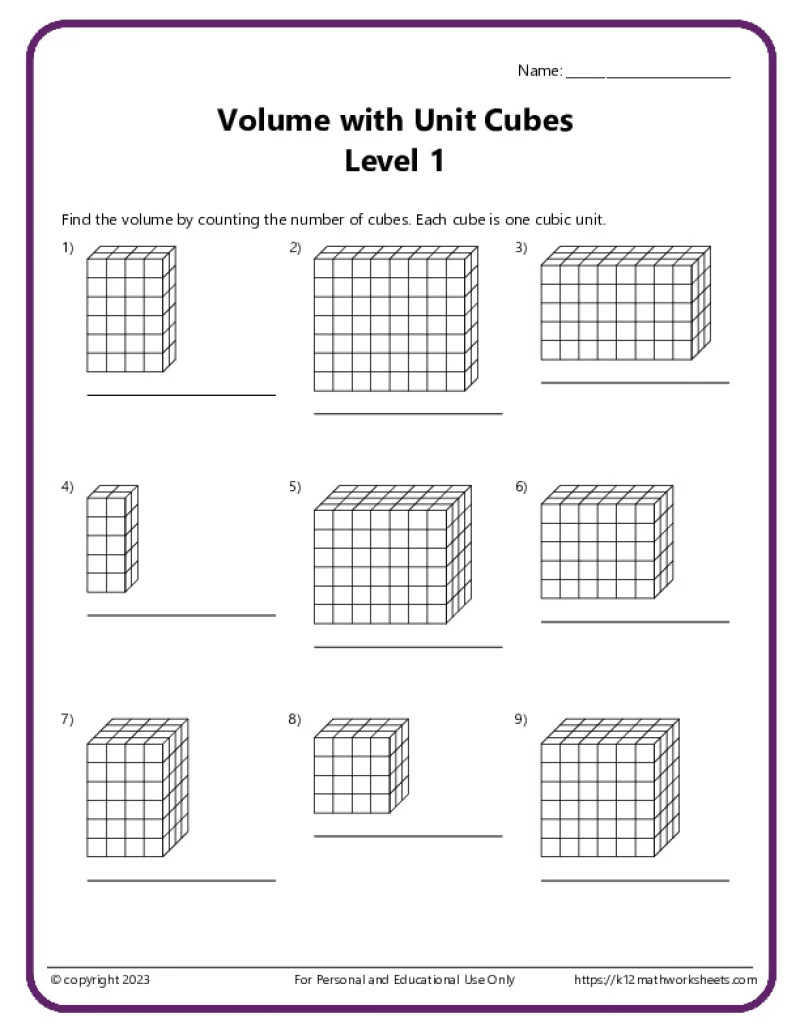 Worksheet image illustrating how to calculate the volume of rectangular prisms using cubic units. Educational resource for fifth graders exploring the relationship between cubes and volume.
