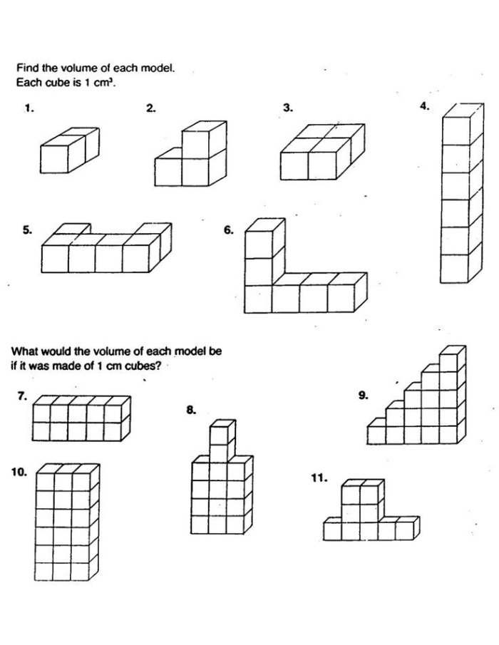Worksheet showing various rectangular prisms for calculating volume with cubic units