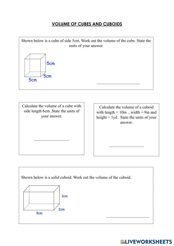 Worksheet image illustrating the process of calculating the volume of various rectangular prisms using cubic units. Educational resource for fifth-grade students exploring the connection between cubes and volume.