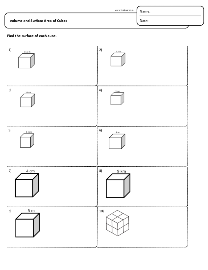 Worksheet showing students calculating volume of various rectangular prisms using cubic units