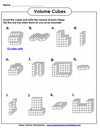Worksheet image illustrating students calculating the volume of various rectangular prisms using cubic units. Educational resource for fifth graders exploring the relationship between cubes and volume.