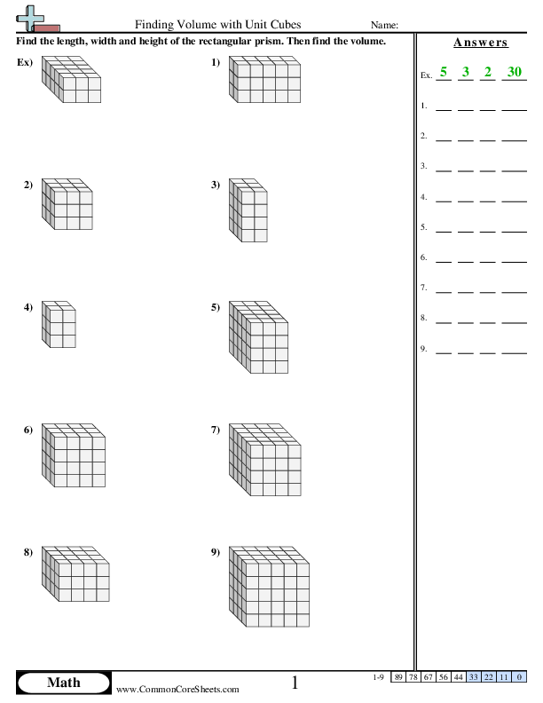 Worksheet image showing fifth graders calculating the volume of various rectangular prisms with cubic units