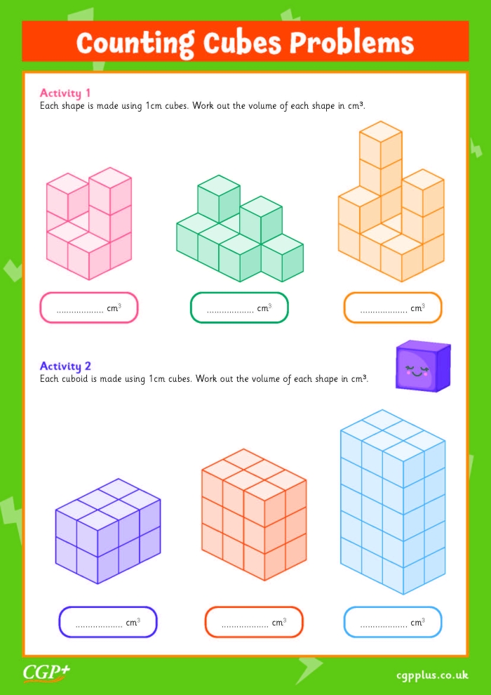 Worksheet showing students calculating the volume of various rectangular prisms using cubic units