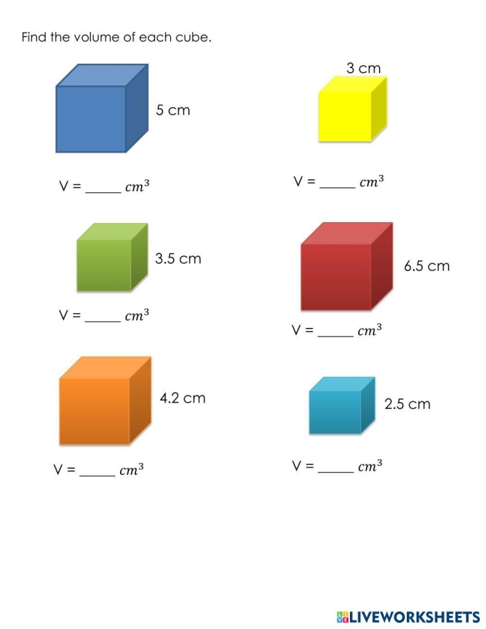 Worksheet illustrating the volume calculation of rectangular prisms using cubic units
