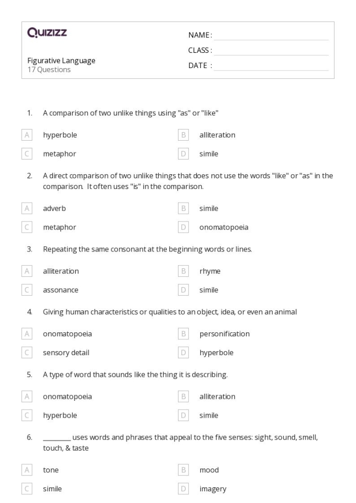 Figurative Language Worksheet for Earth and Space Science Glossary of figurative language terms for second-grade students