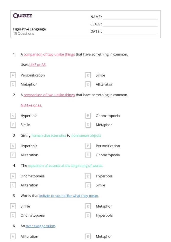 Educational resource image for the Glossary: Figurative Language worksheet Figurative language worksheet for second graders featuring a glossary of terms