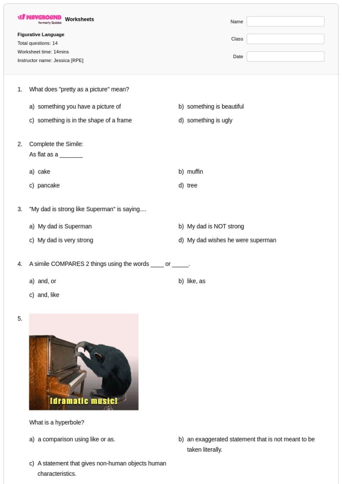 Figurative Language worksheet for third graders focusing on metaphor inference exercise number 19 Third Grade students working on Making Sense of Figurative Language 3 worksheet with metaphors