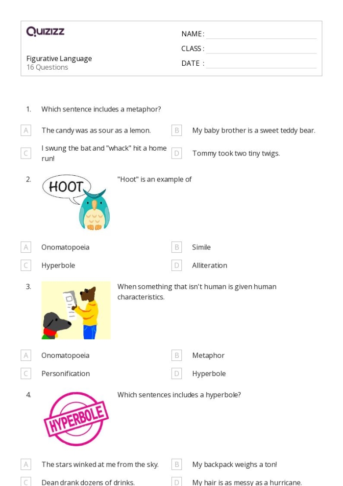 Figurative Language worksheet for third graders focusing on understanding metaphors exercise 15 Third grade students working on Making Sense of Figurative Language 3 worksheet with metaphors