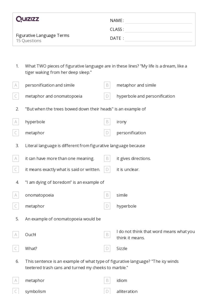 Figurative Language Worksheet for Earth and Space Science Classroom Activities Glossary of figurative language terms for second-grade students
