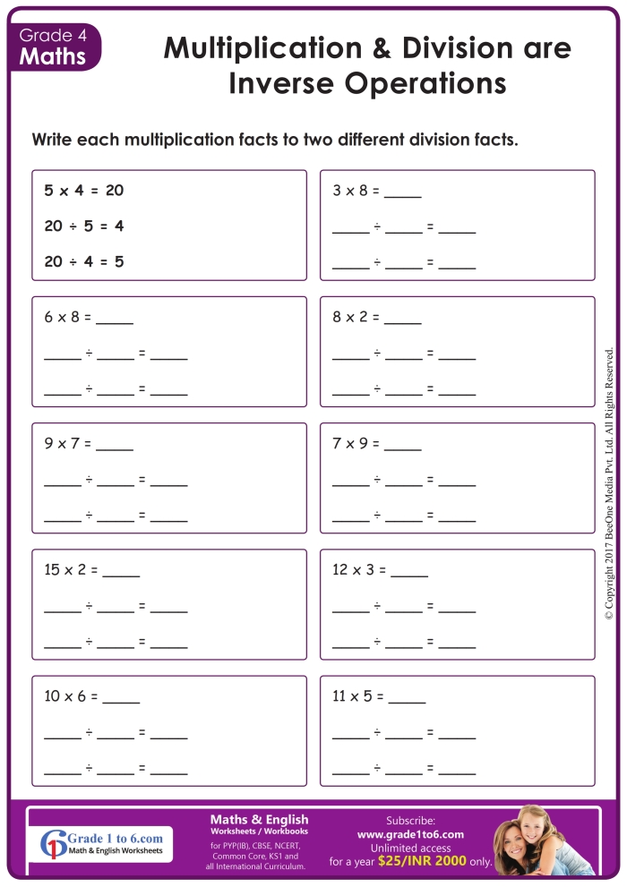 Fifth grade math worksheet showing equations with blank operation symbols to fill in