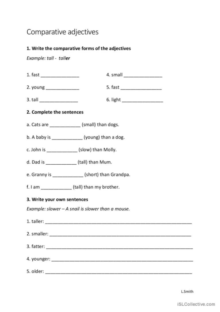 Comparative Adjectives worksheet for third graders to enhance their grammar skills Fill in the Blank worksheet for practicing comparative adjectives in third grade grammar