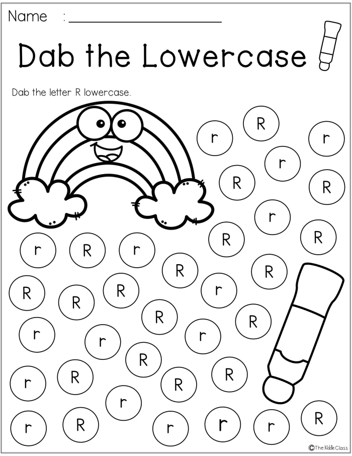 Engaging activity for Pre-K students to practice letter recognition Worksheet for identifying lowercase r's with a rabbit illustration