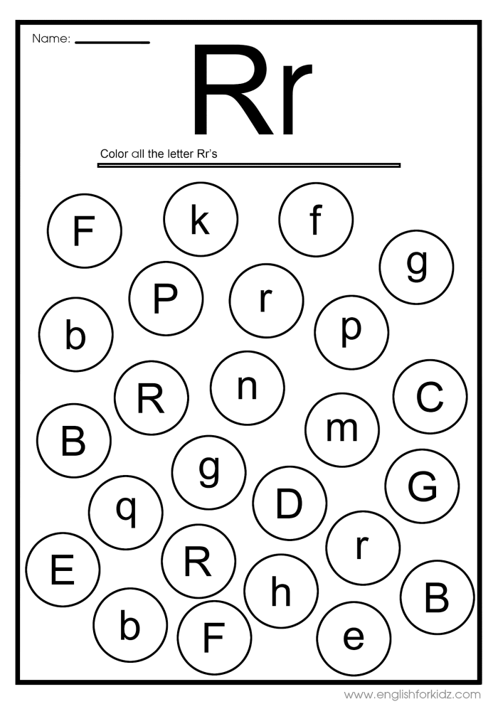 Fun-filled lowercase r recognition activity for Pre-K learners Worksheet for identifying lowercase r's with a rabbit character