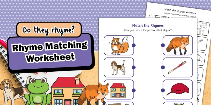 Interactive worksheet for identifying rhymes with common words for first graders First grade students engaging with rhyming pairs in the Find That Rhyme worksheet