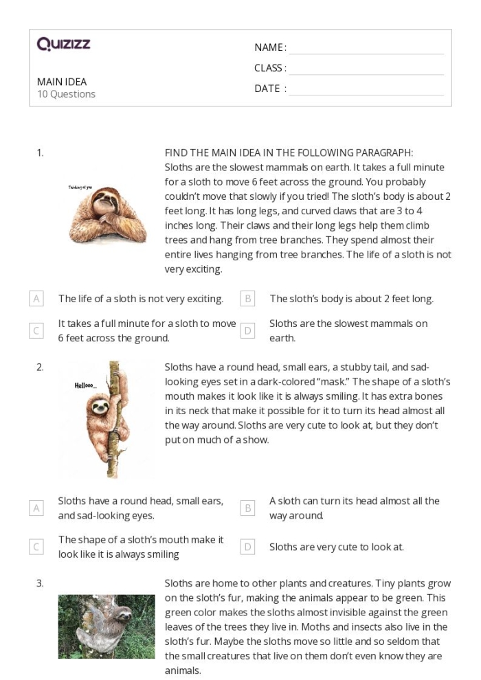Worksheet illustrating how to identify the topic and main idea in nonfiction texts for second graders