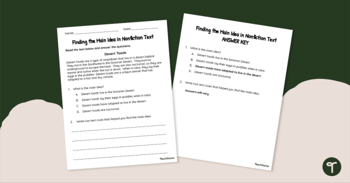 Worksheet for second graders focused on identifying the topic and main idea in nonfiction texts. Finding the Topic and Main Idea of a Nonfiction Text worksheet for Spanish learners.