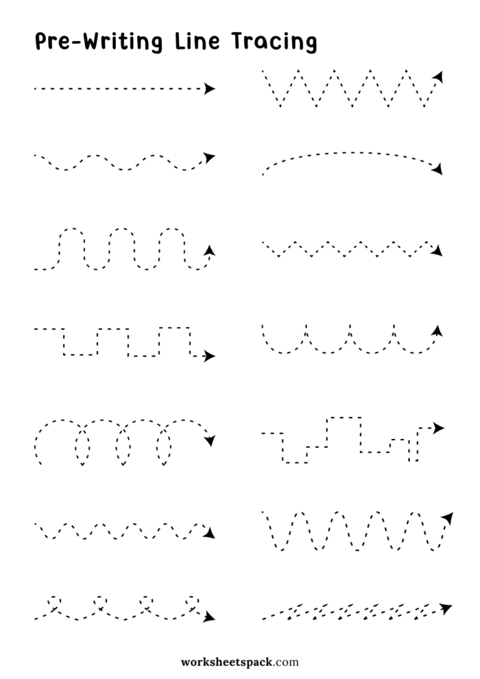 Pre-K Alphabet practice focusing on vertical lines for early letter formation skills Child tracing vertical lines on a Prewriting Skills worksheet to build fine motor control