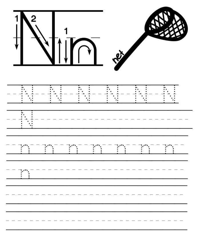 Kids practicing their fine motor skills by tracing the letter N on a worksheet