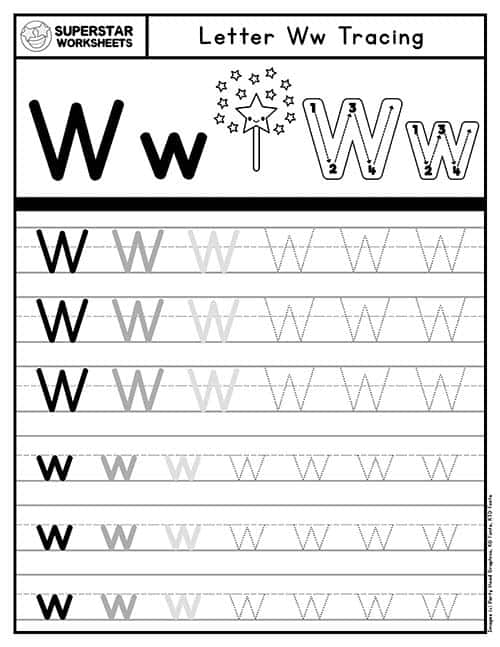 Practice Tracing the Letter W worksheet for young learners with word families focus Pre-K worksheet for tracing lines and the letter W to build fine motor skills