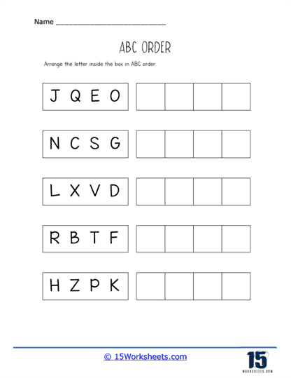 Fun printable to help children learn and reinforce their alphabet knowledge Colorful worksheet for first graders to practice ABC order skills