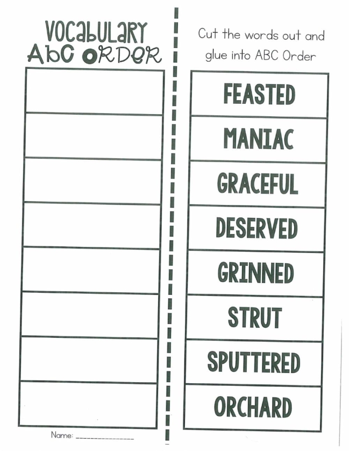 Fun and engaging printable worksheet to help children learn A-B-C order First Grade Practice ABC Order! worksheet featuring colorful letters for alphabet skills
