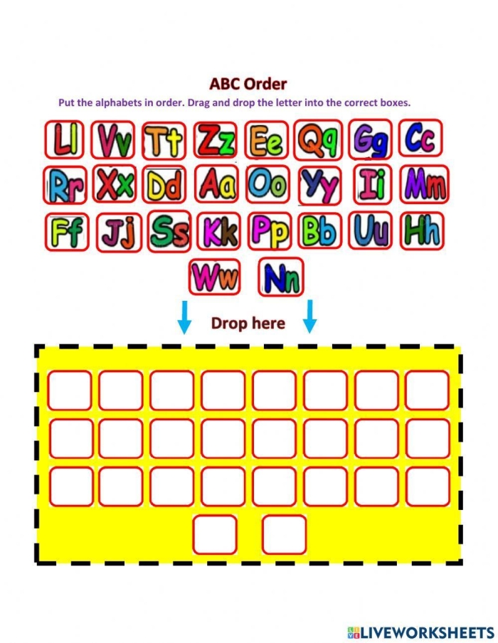 ABC Order Practice Worksheet for First Grade Students Colorful worksheet for first graders to practice ABC order skills