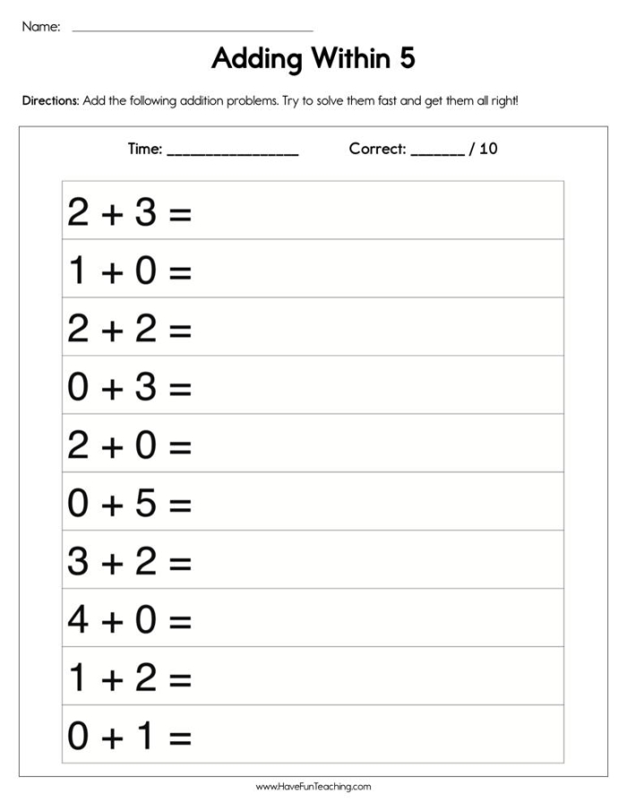 First Grade Adding Five worksheet showing simple addition problems within 10