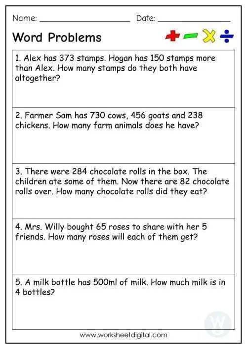 First Grade Word Problem Challenge worksheet featuring two-digit addition and subtraction on a farm