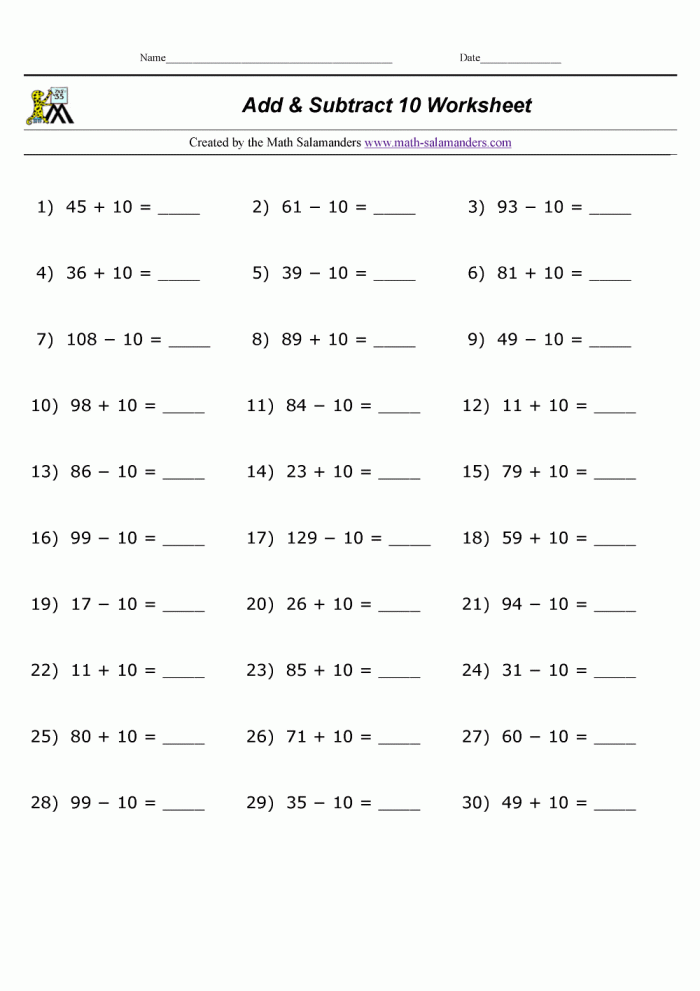 First grade math worksheet for adding 10 to two-digit numbers