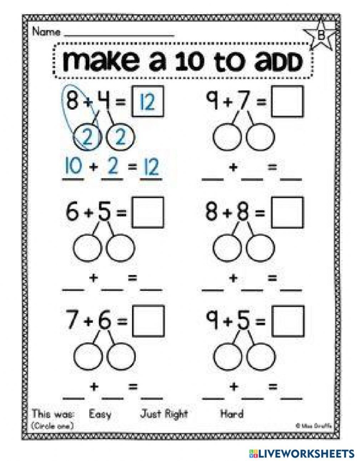 First grade math assessment worksheet focusing on adding 10 to two-digit numbers