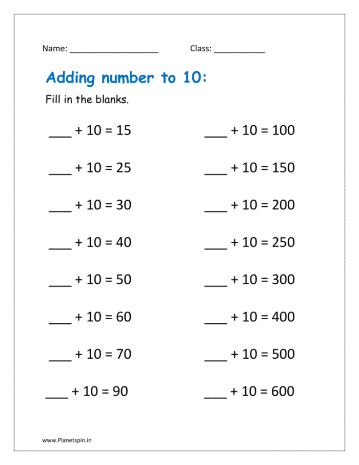 Worksheet featuring math problems for adding 10 to two-digit numbers for first graders