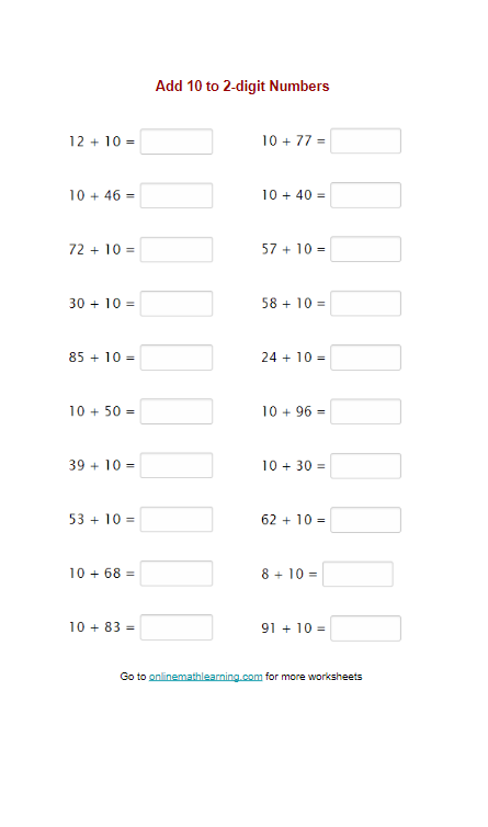 Worksheet featuring a math assessment for first graders to practice adding 10 to two-digit numbers