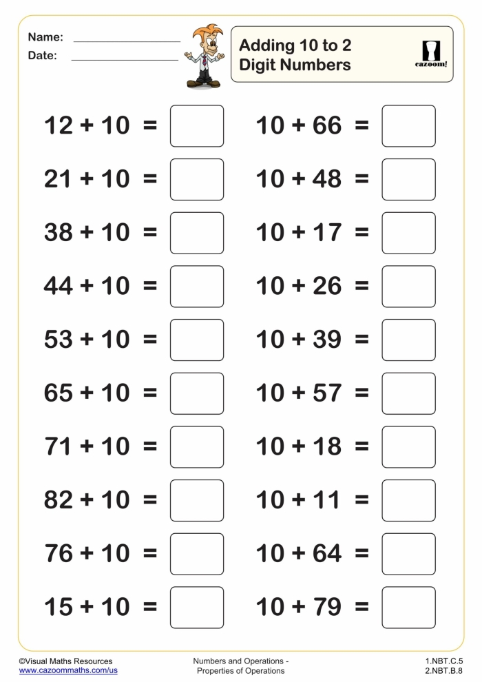 Worksheet for first graders practicing adding 10 to two-digit numbers