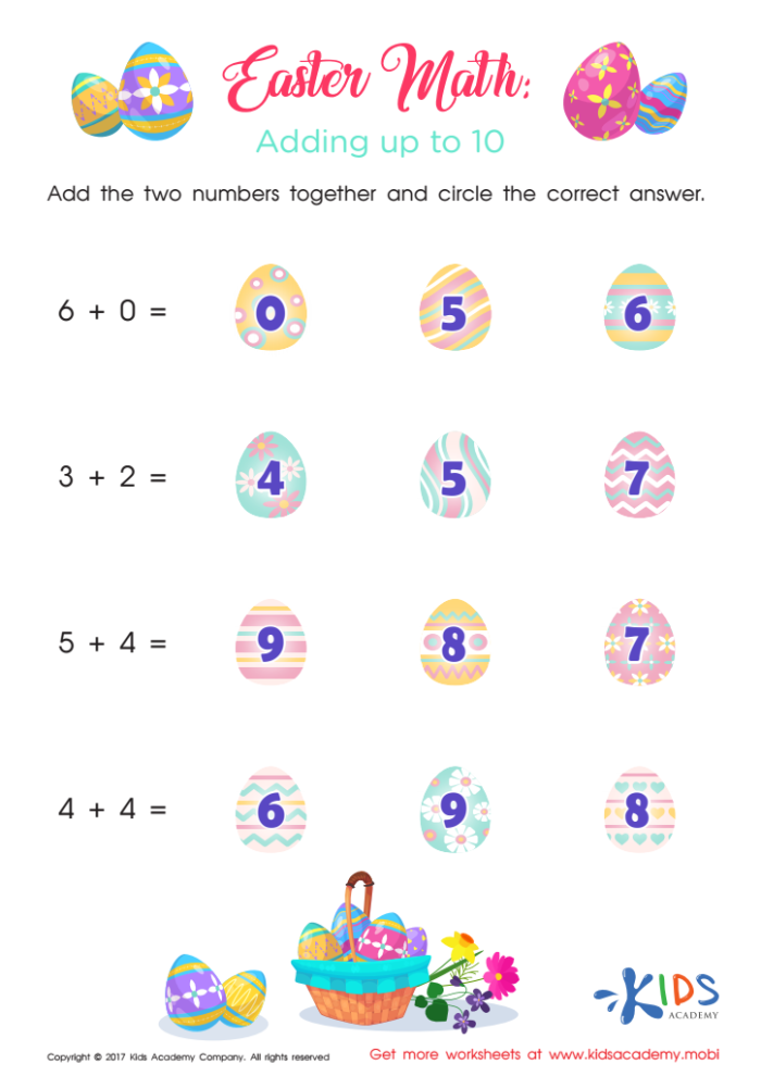 First grade worksheet for adding 10 to two-digit numbers with colorful graphics