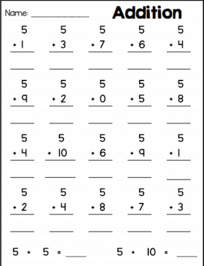 First Grade student practicing addition with a Adding Five worksheet focusing on sums within 10
