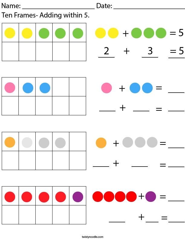 First Grade math worksheet for practicing addition of five to numbers up to ten