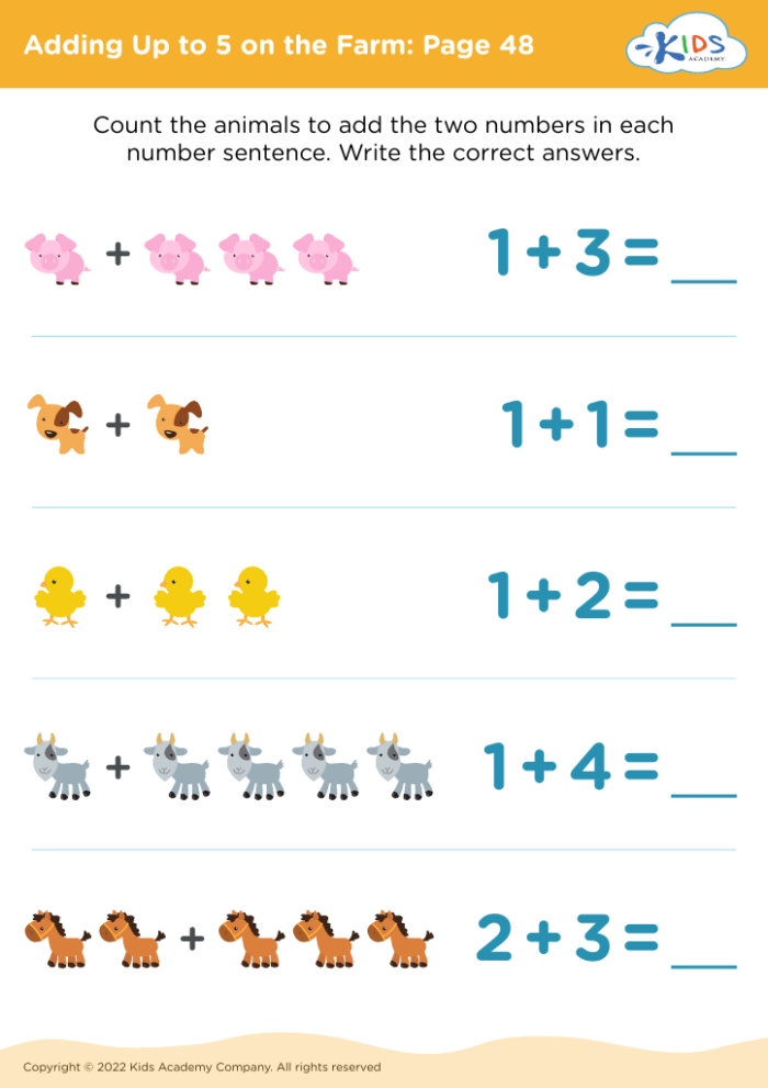 First Grade math worksheet practicing addition by adding five to numbers up to ten