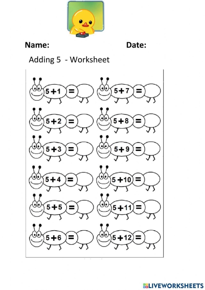 First Grade math worksheet for adding five to numbers up to ten