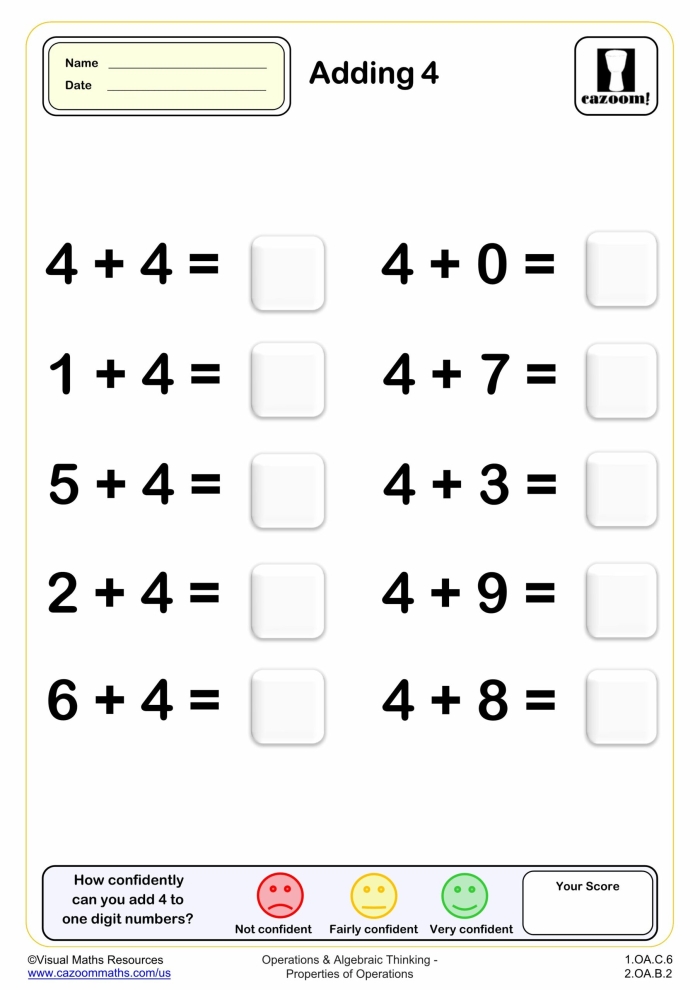 Adding Four to Numbers Within 10 Practice Sheet 16 First grade addition worksheet showing practice problems for adding 4 to single digit numbers with colorful illustrations